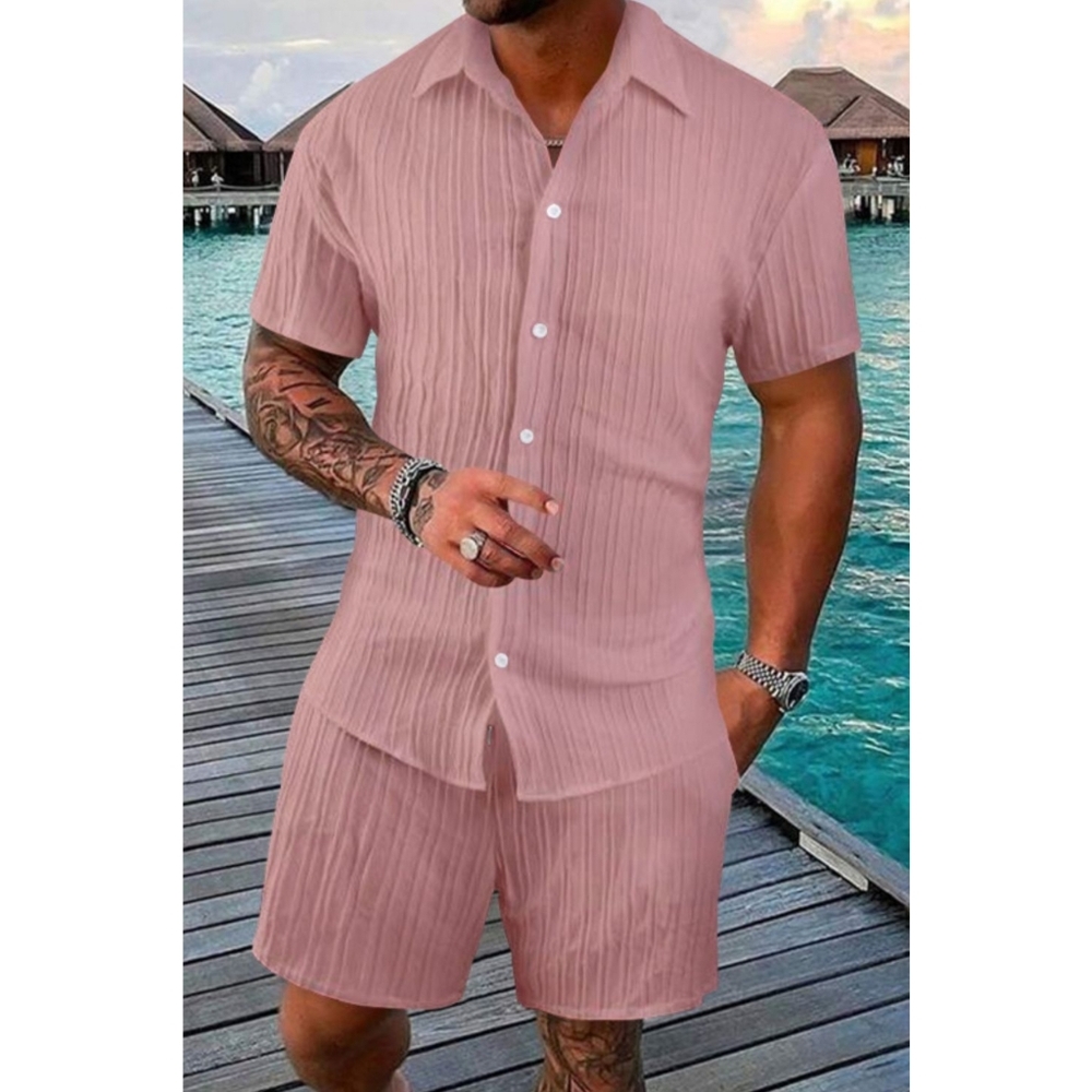 Men's Pink Short Sleeve Shirt and Shorts Set